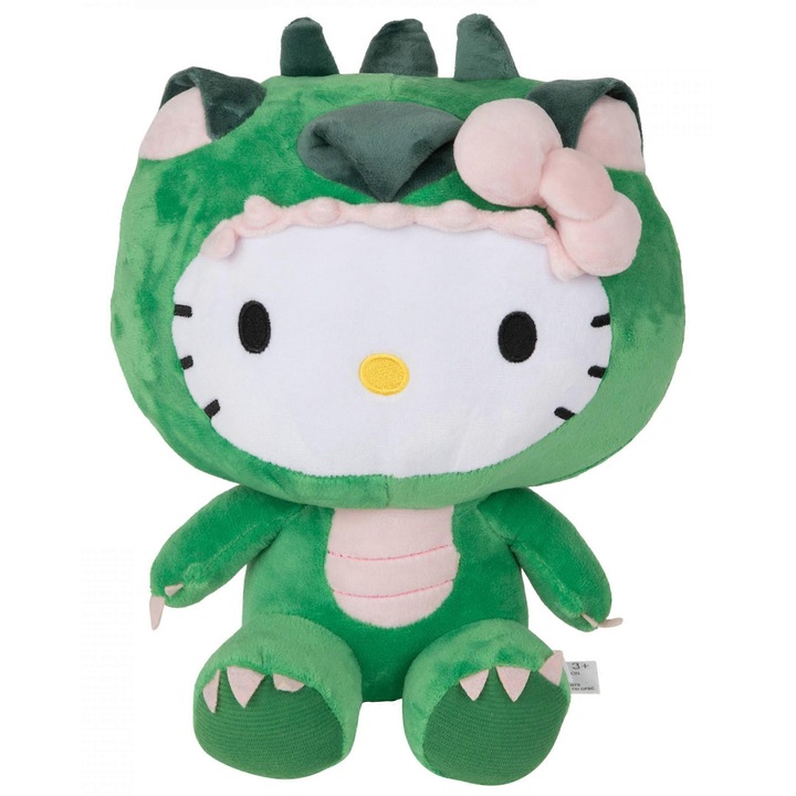 Плюшена фигурка Hello Kitty с костюм на динозавър, 30x30см, зелена