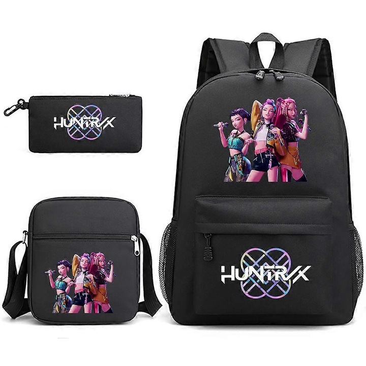 Ghiozdan KPop Demon Hunters, set 3 piese, negru, 14 inch
