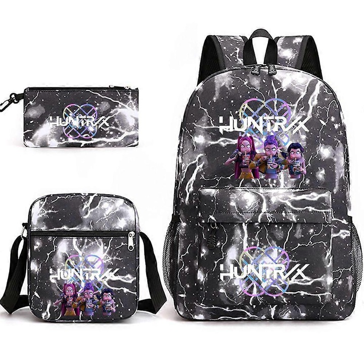 Ghiozdan KPop Demon Hunters, set 3 piese, negru, 14 inch