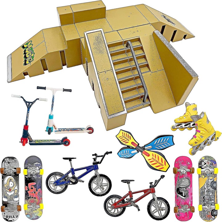 Set de rampa pentru skateboard cu degete, 16 piese, include skateboarduri, rampe, trotinete, patine, biciclete
