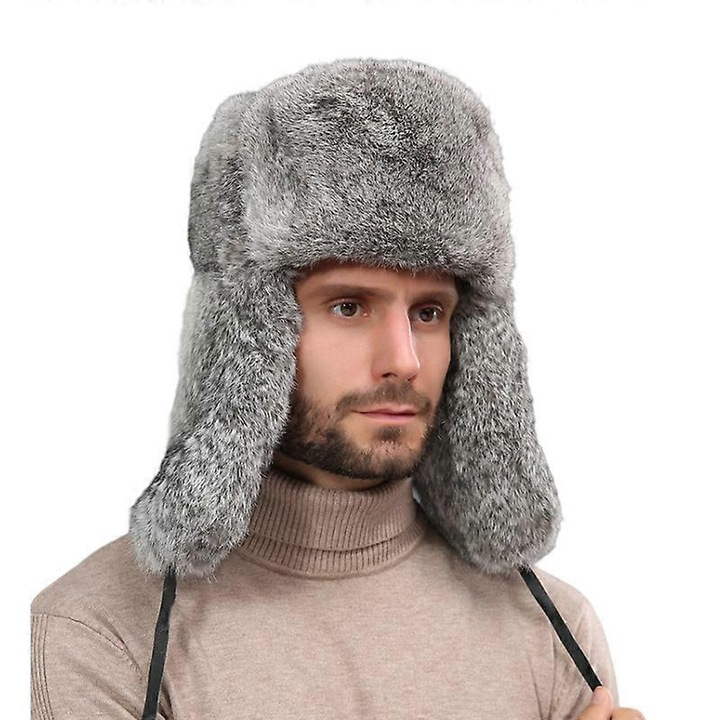 Зимна шапка от заешка кожа, модел авиатор, сива, размер XXL