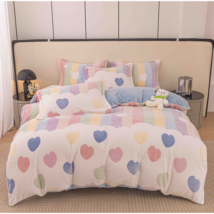 Lenjerie Cocolino 4 Piese Pentru Pat Dublu, Cearceaf de pat cu elastic 180x200, Cerceaf de pilota 200x230cm, 2 Fata de perna 50x74cm, MHR-1613