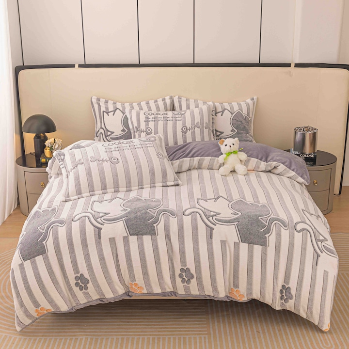 Lenjerie Cocolino 4 Piese Pentru Pat Dublu, Cearceaf de pat cu elastic 180x200, Cerceaf de pilota 200x230cm, 2 Fata de perna 50x74cm, MHR-1614