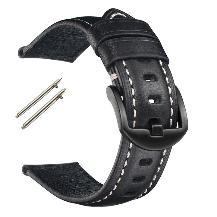 Curea de ceas din piele naturala 22mm, neagra, cu catarama argintie, set curea de schimb