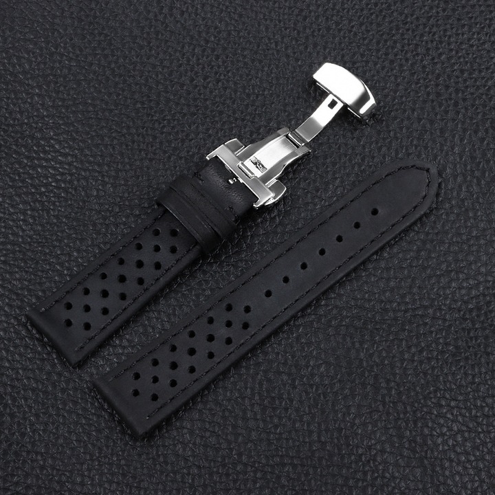 Curea de ceas din piele naturala, 22mm, neagra, cu catarama pliabila, set cu 4 tije de primavara si unelte mici