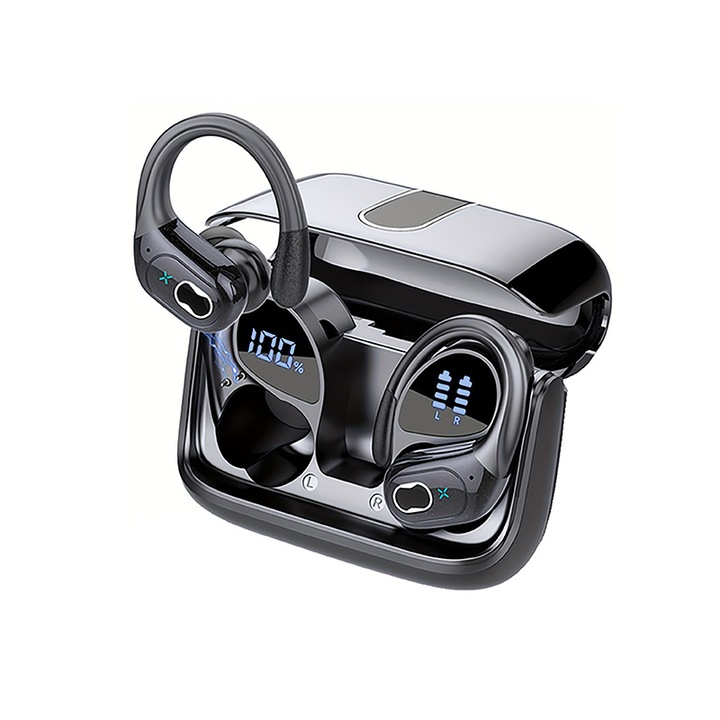Casti wireless sport, Bluetooth 5.4, 75 ore autonomie, impermeabile IPX7, cu microfon ENC, set de 3 dimensiuni de dopuri