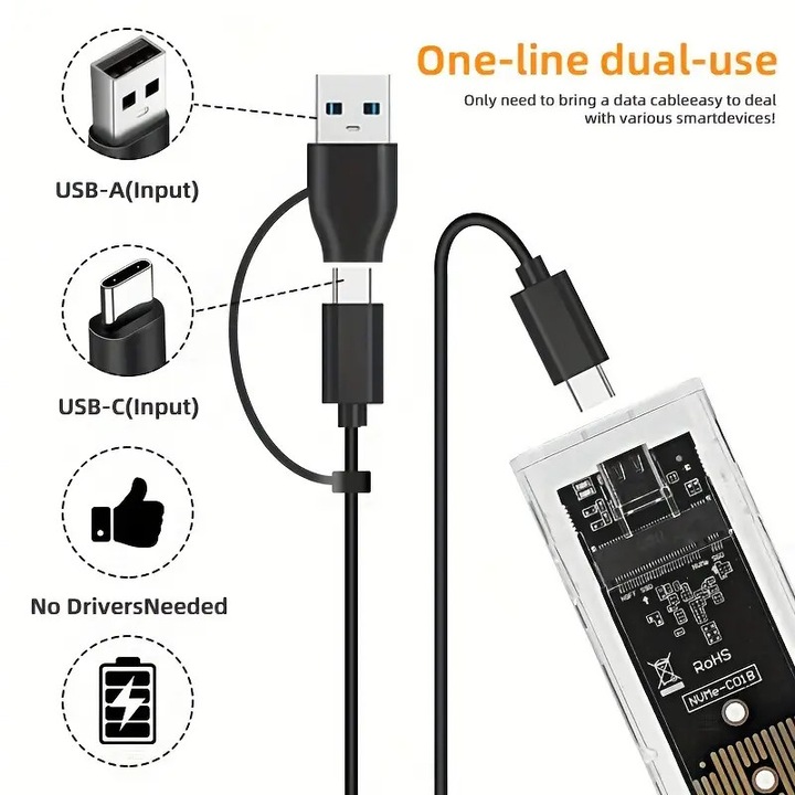 Външен корпус за SSD M.2, прозрачен, USB Type-C, 6Gbps/10Gbps, преносим