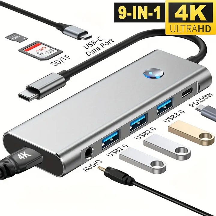 Statie de andocare 9-in-1, proiectie 4K/60Hz, incarcare rapida PD100W, porturi USB 3.0/2.0, cititor carduri SD/TF, audio casti