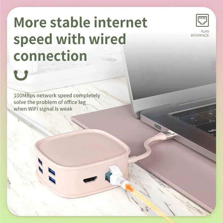 Hub USB-C 10-in-1, docking station pentru laptopuri, 4K 30Hz, 100W, roz