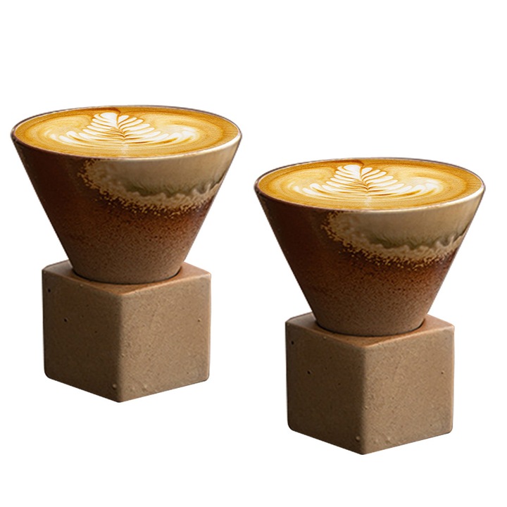 Cana de cafea din doua piese, ceramica, vintage, 180 ml, set de cani ceramice japoneze, Cu suport pentru pahare, Maro cafeniu