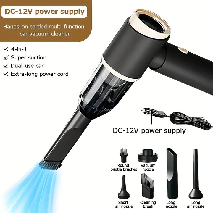 Aspirator auto portabil, Gold Deluxe Edition, capacitate mare, utilizare umeda si uscata, cablu lung