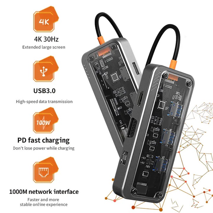 USB-C elosztó 10 az 1-ben, 4K, VGA 1080P, PD 100W, Gigabit Ethernet port, hordozható adapter