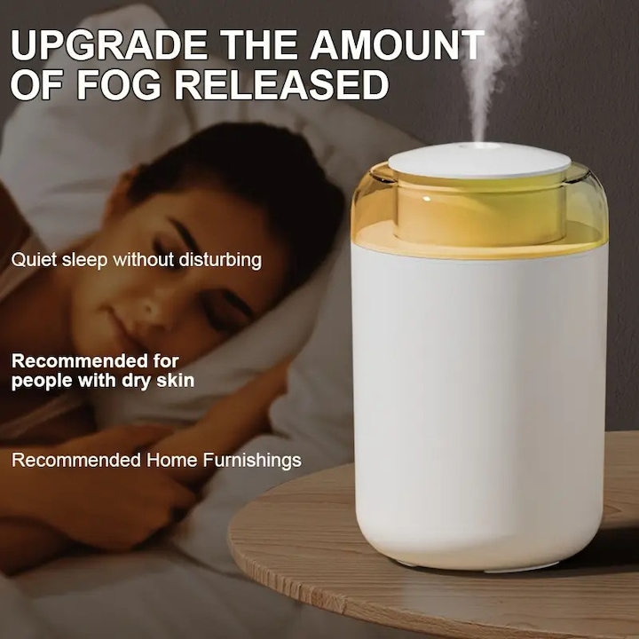 Umidificator mini, 26 decibeli, USB, mod spray continuu si intermitent, design rezistent la scurgeri, pentru birou si dormitor