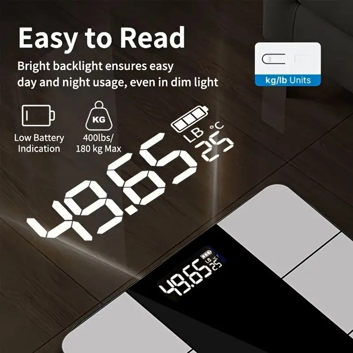Cantar corporal inteligent, design alb-negru, monitorizare sanitara, alimentare cu baterii, pentru uz casnic