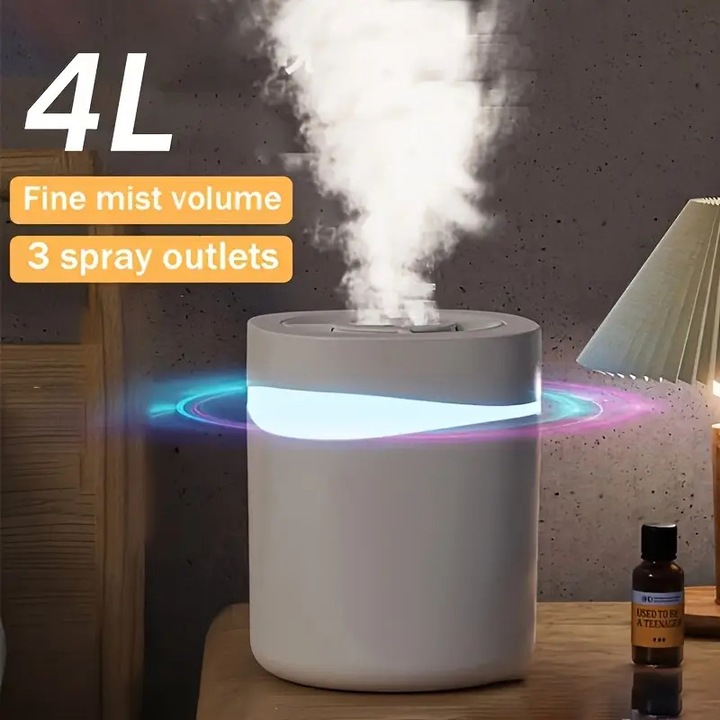 Umidificator USB 3.5L, capacitate mare, duze duale, lumini ambientale 7 culori, functie de oprire automata, 10x20m