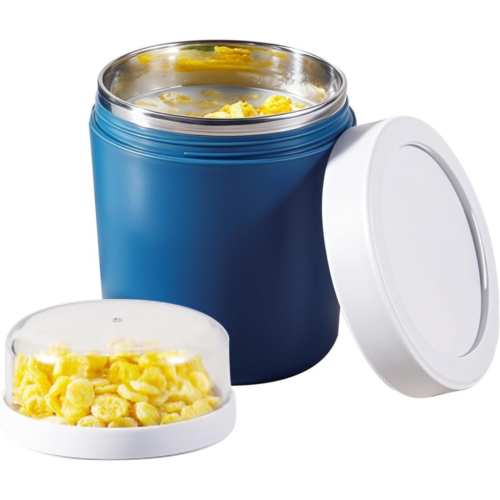 Granola/gabona pohár, 500ml + 220ml, rozsdamentes acélból, szigetelt és szivárgásmentes, mikrohullámú sütőben és fagyasztóban is biztonságos, kék