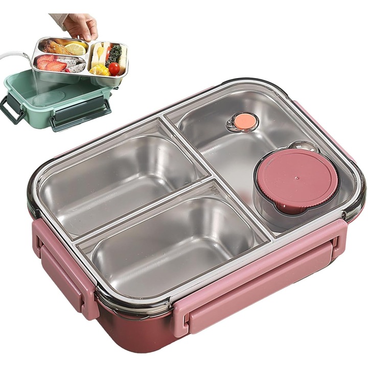 Cutie alimentara, inox, 3 compartimente, rezistenta la scurgeri, roz, compacta