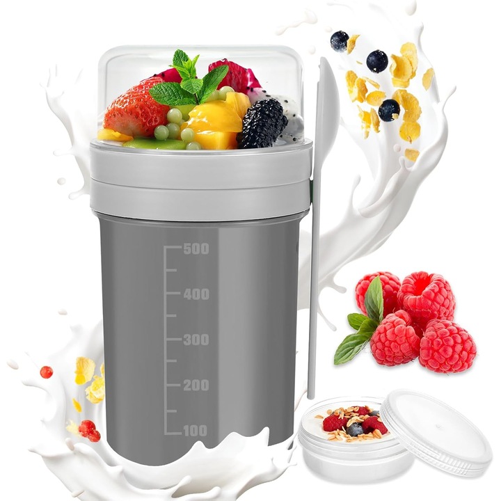 Élelmiszertartó doboz, 550ml + 250ml, kanállal, hordozható kivitel, szivárgásmentes, szürke, gabonafélékhez/joghurthoz