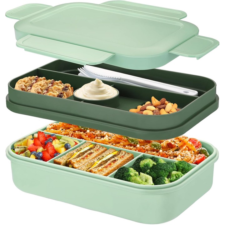 Bento ételhordó doboz 2000ml, 8 rekeszes, zöld, evőeszköz készlettel, szivárgásmentes, újrafelhasználható