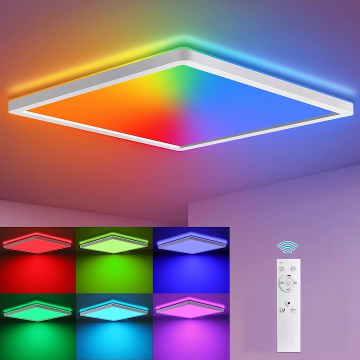 Смарт LED RGB плафон 100W с дистанционно управление trandafi led, студена, топла и цветна светлина, диаметър 60см, квадратен плафон с бяла рамка