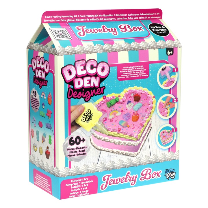 Set creativ Deco Den, cutie pentru bijuterii, 15 charms, 20 gemuri, 3 creme decorative, 25,5x20x10cm
