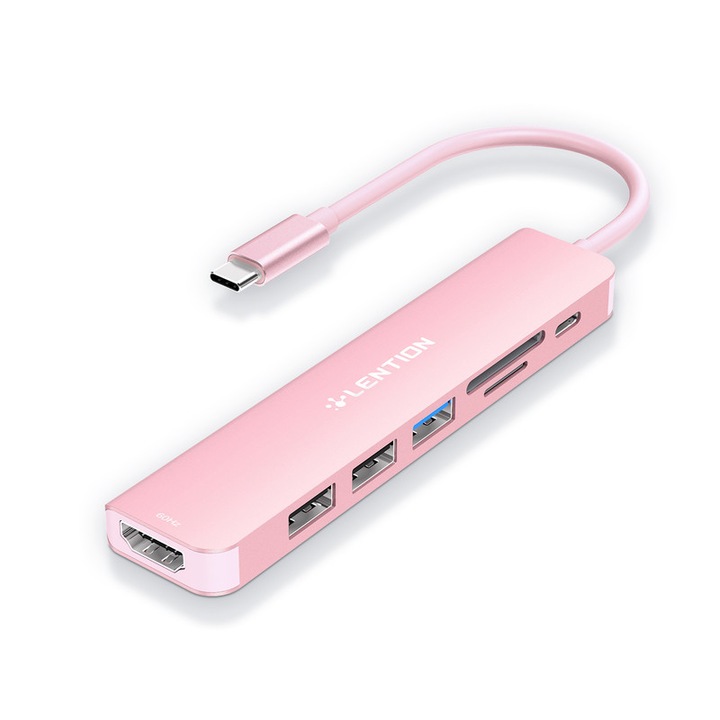 Lention Hub USB-C 7 в 1, HDMI 4K@60Hz, USB-A 3.0, 2x USB 2.0, SD/TF четец, PD зареждане 100W, Компактен дизайн – Rose Gold Розов