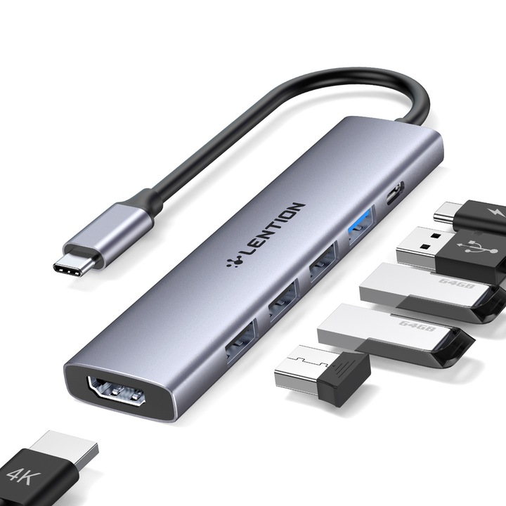 LENTION USB-C 6 az 1-ben Hub – HDMI 4K@30Hz adapter, USB-A 3.0, 3× USB 2.0, 100W PD töltés, multifunkciós hub, szürke alumínium ház, kompakt és hordozható