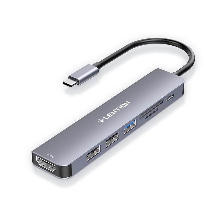 Lention Hub USB-C 7 в 1, HDMI 4K@60Hz, USB-A 3.0, 2x USB 2.0, Четец SD/TF, Зареждане PD 100W, Компактен дизайн – Космическо сиво