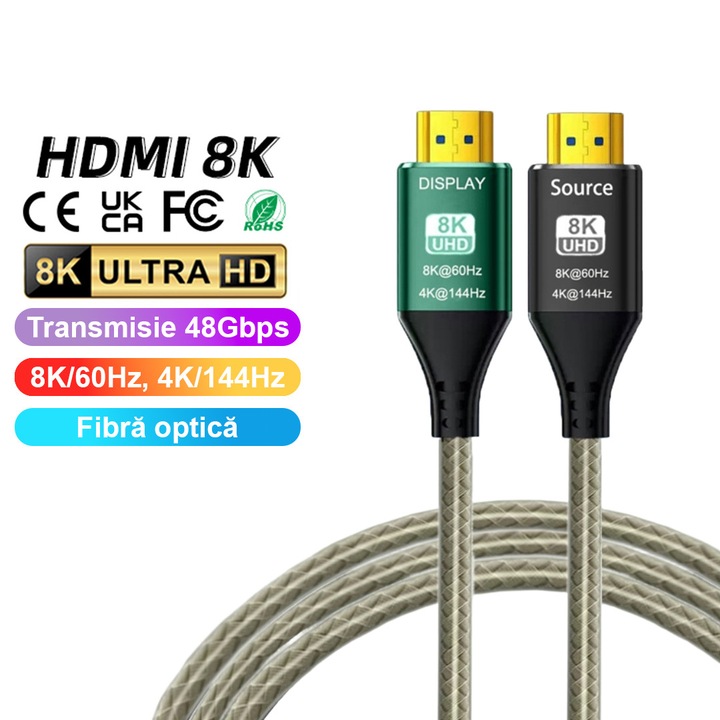Cablu HDMI 2.1 Tata-Tata 8k60hz 4k144hz, AHA PRINT®, 20 de Metri, 48Gbps, 3D, HDR Dinamic, Transmisie de Mare Viteza, Fibra Optica, Fara Pierderi de Calitate, Compatibil PC, Laptop, Playstation, Xbox, Sunet Audio 7.1 Panoramic, Premium Rezistent