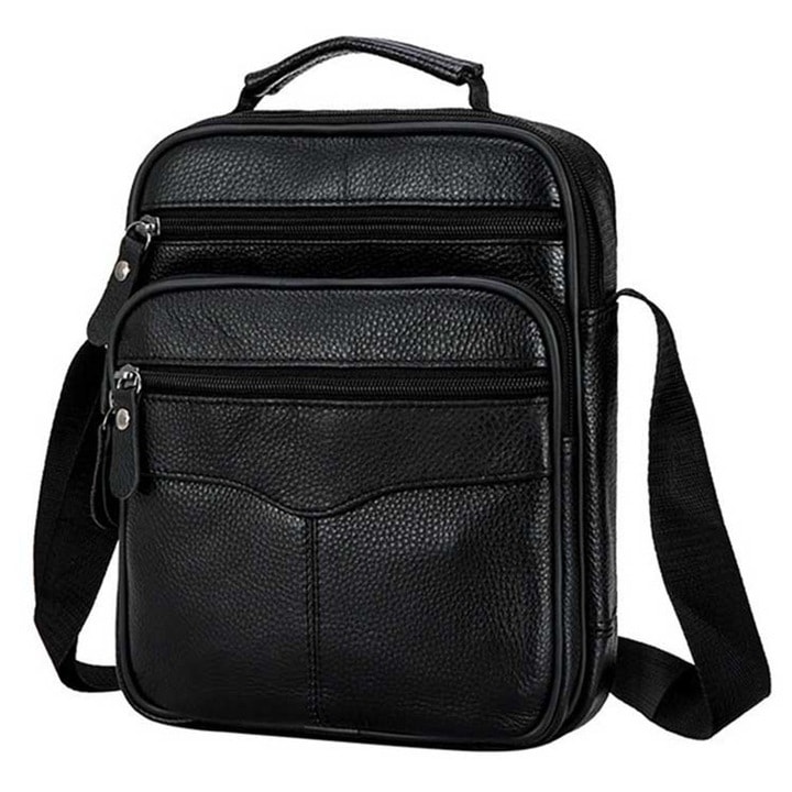 Мъжка чанта за рамо от естествена кожа, 4 отделения, регулируеми презрамки, 20x17x8 см, черна