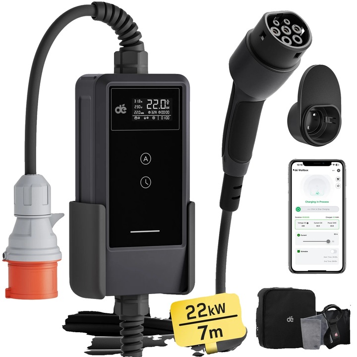 Statie de incarcare vehicule electrice, 22kW, optiuni de incarcare flexibile, montare pe perete, cablu 7m, TYPE2