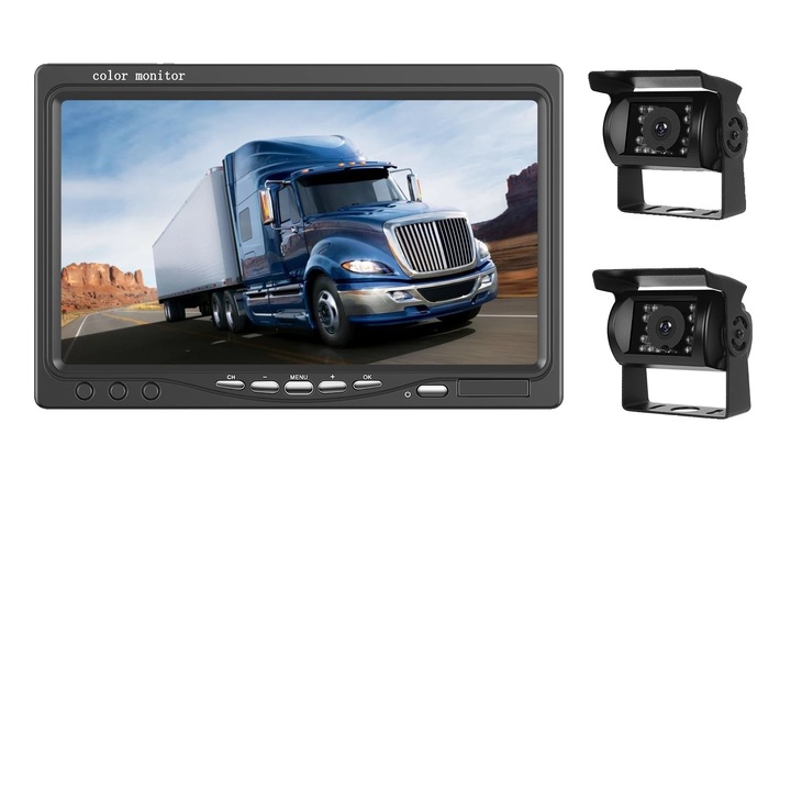 Monitor auto cu 2 camere, 7 inch, rezistent la apa IP68, wireless
