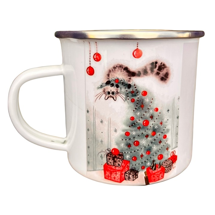 Fehér zománcozott acél bögre, 360 ml, fehér, csintalan karácsonyi cica mintával