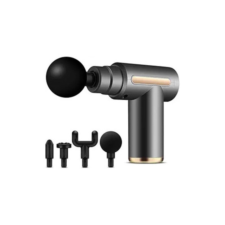 Pistol de masaj mini, 6 viteze, 4 capete de masaj, gri