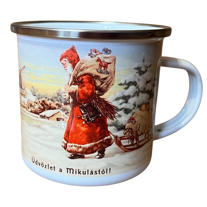 Zománcozott fehér acél bögre, 360 ml, fehér, Mikulás mintás