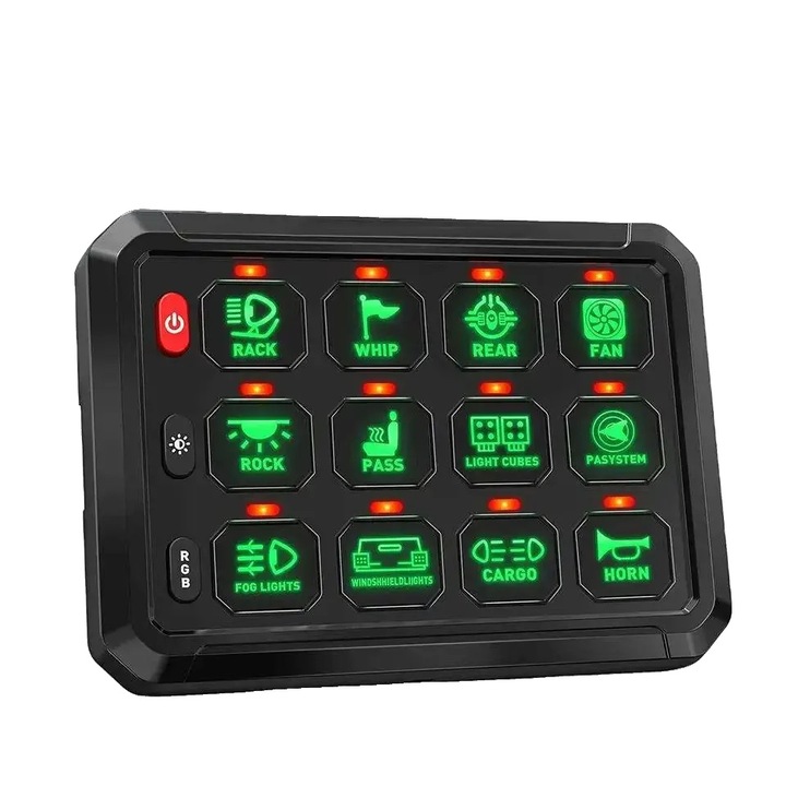 Panou de comutare, iluminare RGB, sistem de control 12 gang, verde, 15x35x25cm