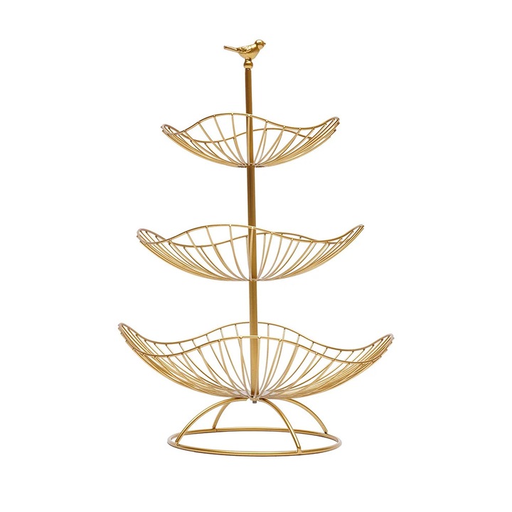 Cos de fructe metalic, 3 etaje, auriu deschis, dimensiuni platouri 20x25x31cm, înălțime 47cm