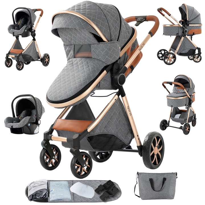 Carucior 3 in 1, design usor, gri cenusiu, capacitate 20 kg