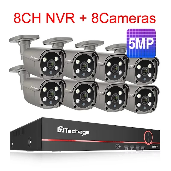 Kit Supraveghere, 8 Canale, 2 Camere 5MP, Viziune Nocturna, Conectivitate P2P, Plug EU