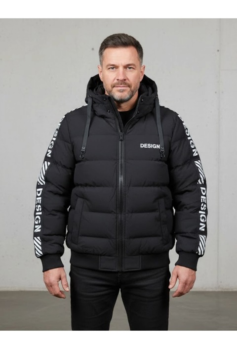 Férfi vastag téli kabát, fekete, levehető kapucnival és „Design” mintával 7951-1 12424, Fekete