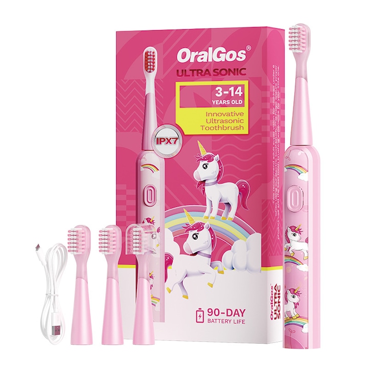 Periuta de dinti electrica pentru copii，36000 miscari/minut, 3 moduri de curatatare, 3 capete de periere, smart timer, rezistent la apa IPX6, Cablu de incarcare USB, varste 3-12 ani, Roz