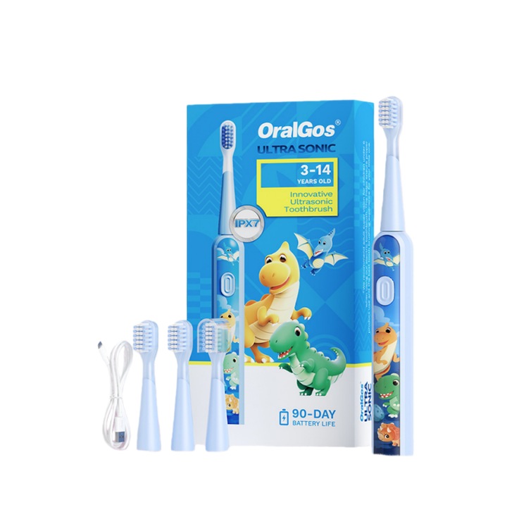 Elektromos fogkefe gyerekeknek, 36000 mozdulat/perc, 3 tisztítási mód, 3 kefefej, okos időzítő, IPX6 vízálló, USB töltőkábel, 3-12 éves korig, kék