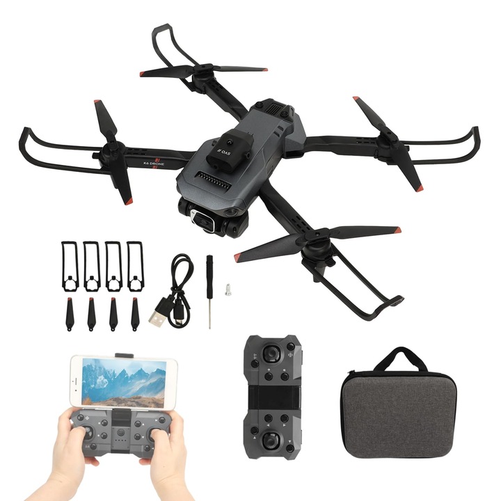 Сгъваем дрон квадрокоптер, K6 4K HD 50X увеличение, дрон с FPV камера, дрон за избягване на препятствия в четири посоки, дрон с чанта за носене, интелигентно поддържане на височина