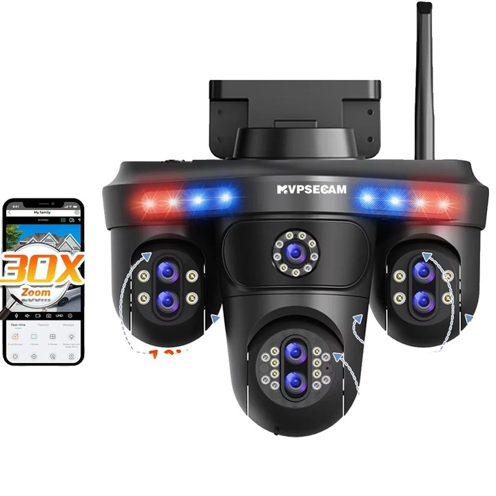 Камера за наблюдение, 7 обектива, 35MP, нощно виждане, безжична връзка, ЕС захранване