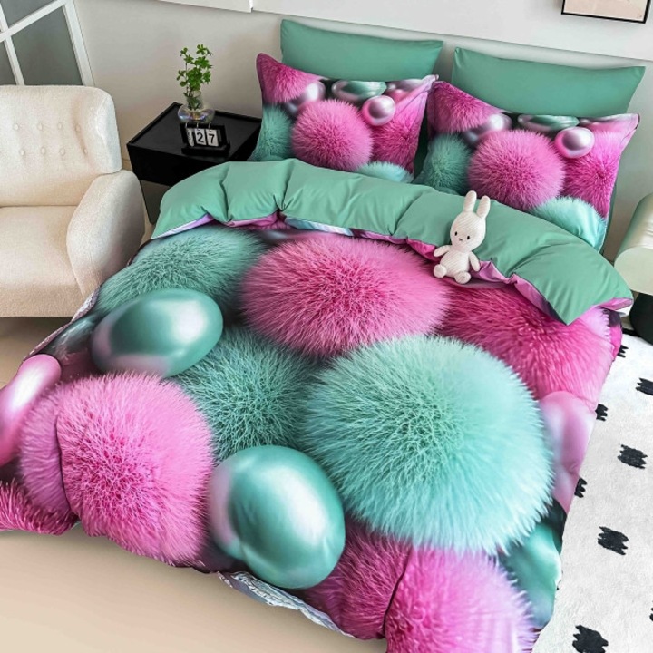 Спално Бельо Двойно, Jojo Home, Дигитален Принт 5D, Помпон и Перли, 6 части, Фина, 180x200см, Зелено-розово