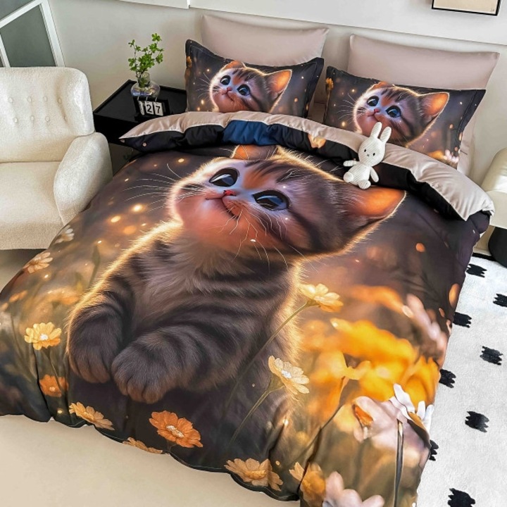 Dupla Ágynemű, Jojo Home, 5D Digitális Nyomtatás, Édes Kiscica, 6 részes, Finom Flanel, 180x200cm, Többszínű