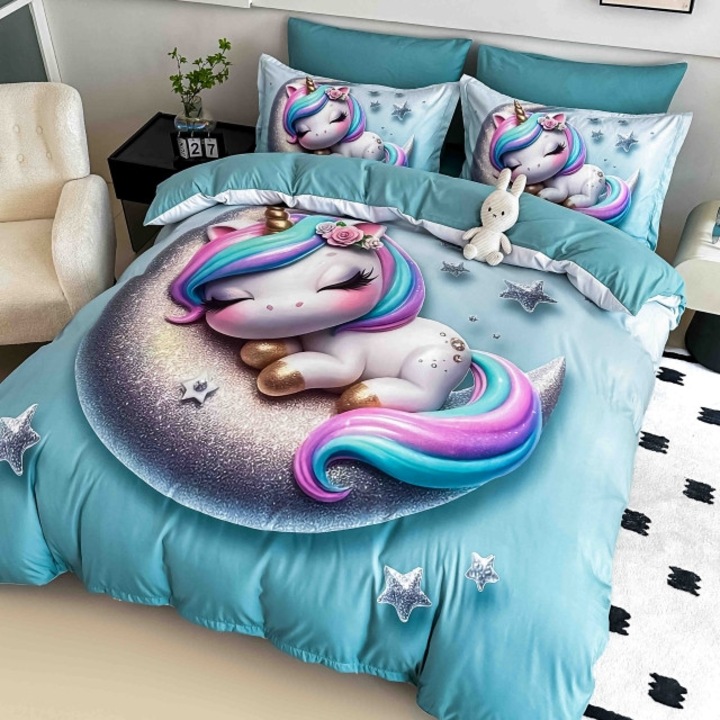 Dupla Ágynemű, Jojo Home, 5D Digitális Nyomtatás, Álmos Egyszarvú, 6 részes, Finet, 180x200cm, Többszínű