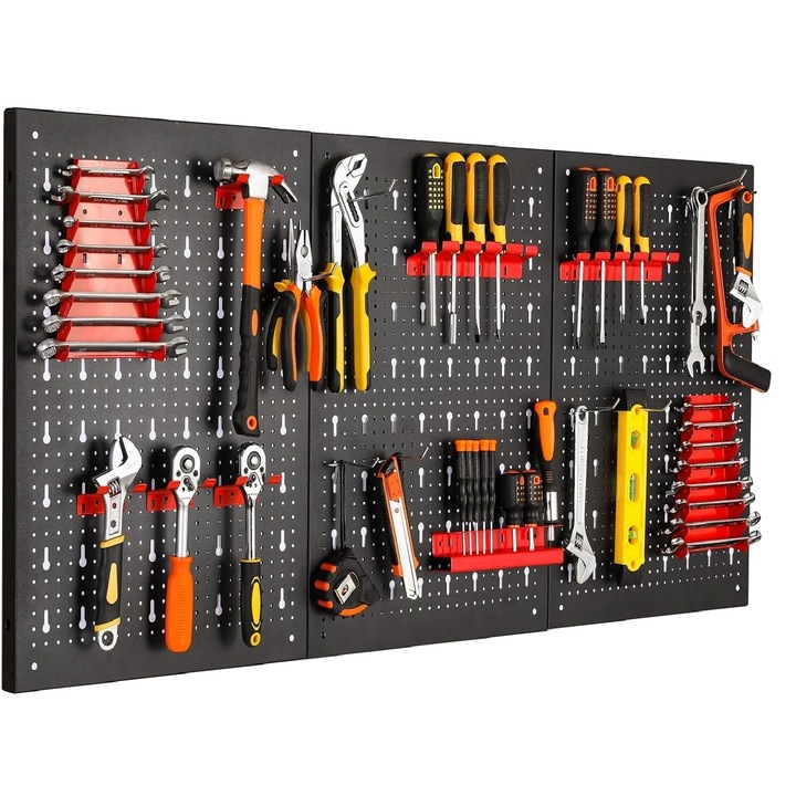 Szerszámtartó, 17 kampós készlet, kiváló minőségű fém, mérete 120x60x2 cm, bővíthető tárolórendszer