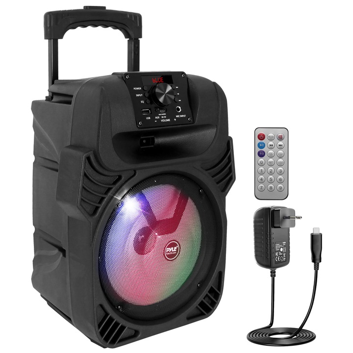 Boxa Pyle Pa Bluetooth, Cutie Muzicala, Cutie Pentru Petreceri, Aparat De Karaoke 400W, Subwoofer De 8", 4 Ohm/55-20Khz, Intrari Usb/Mp3/Radio Fm/Microfon De 6, 35 Mm, Lumini Led Multicolore Pentru Petreceri, Baterie Si Telecomanda