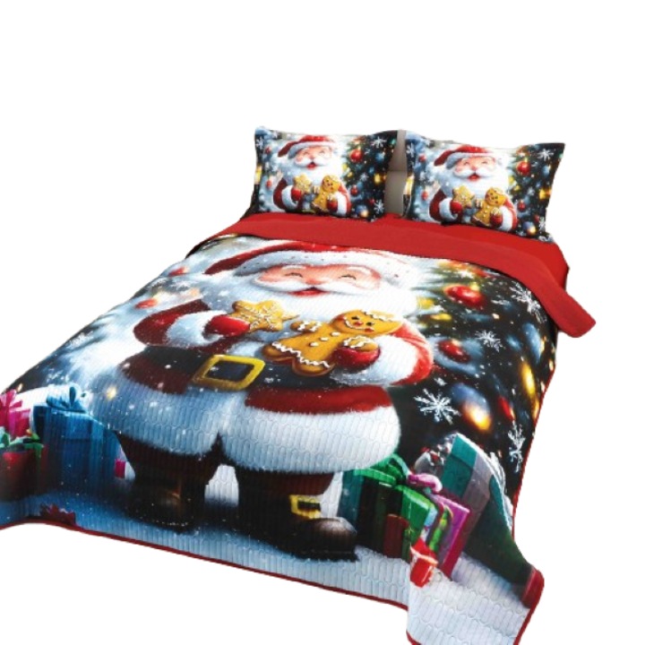 Cuvertura si Fete de Perna, Jojo Home, Bumbac, Imprimeu Digital 5D Magia Craciunului, Mos Craciun, 3 piese, 2 persoane, 220x240cm, Multicolor